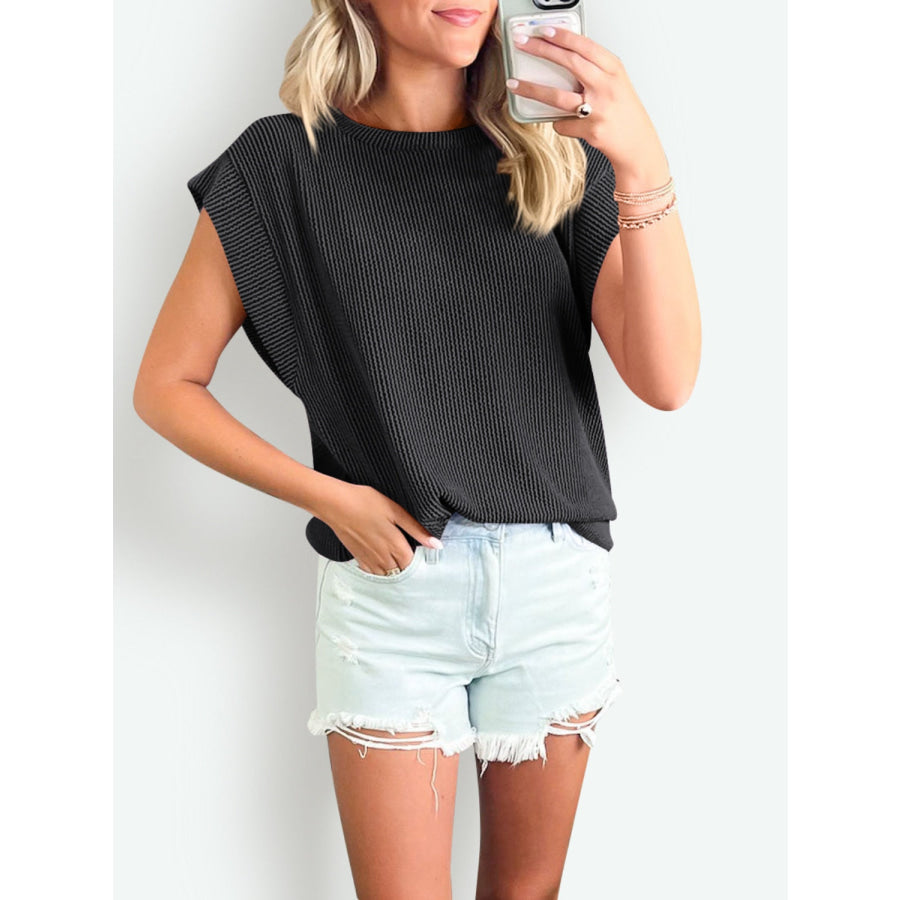 Textured Round Neck Cap Sleeve Blouse Apparel and Accessories