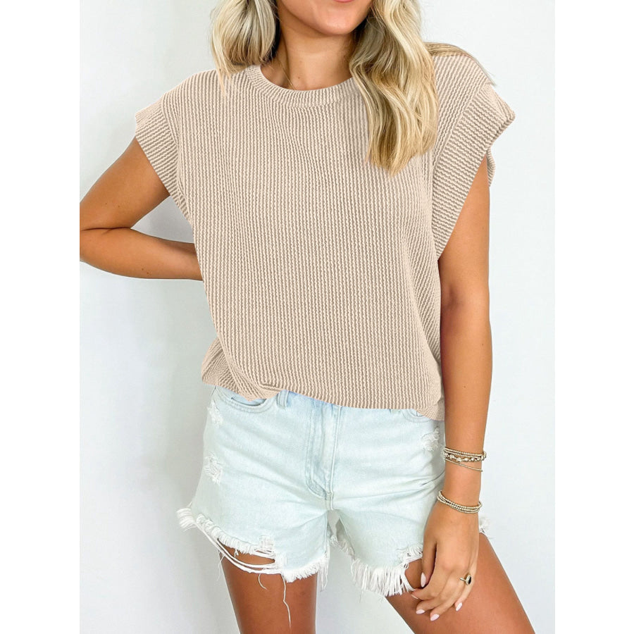 Textured Round Neck Cap Sleeve Blouse Apparel and Accessories