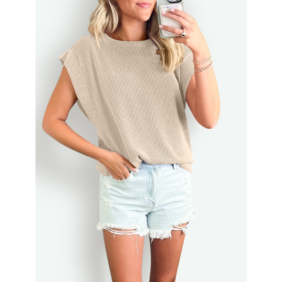 Textured Round Neck Cap Sleeve Blouse Apparel and Accessories