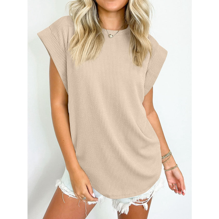 Textured Round Neck Cap Sleeve Blouse Beige / S Apparel and Accessories