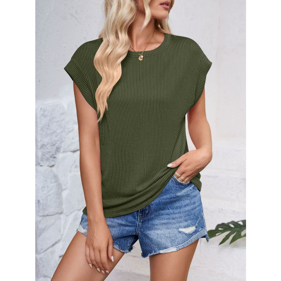 Textured Round Neck Cap Sleeve Blouse Apparel and Accessories