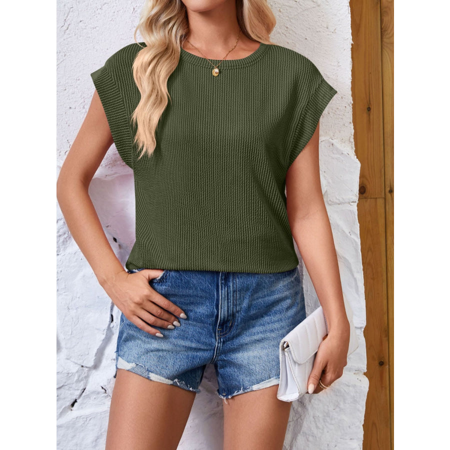 Textured Round Neck Cap Sleeve Blouse Apparel and Accessories