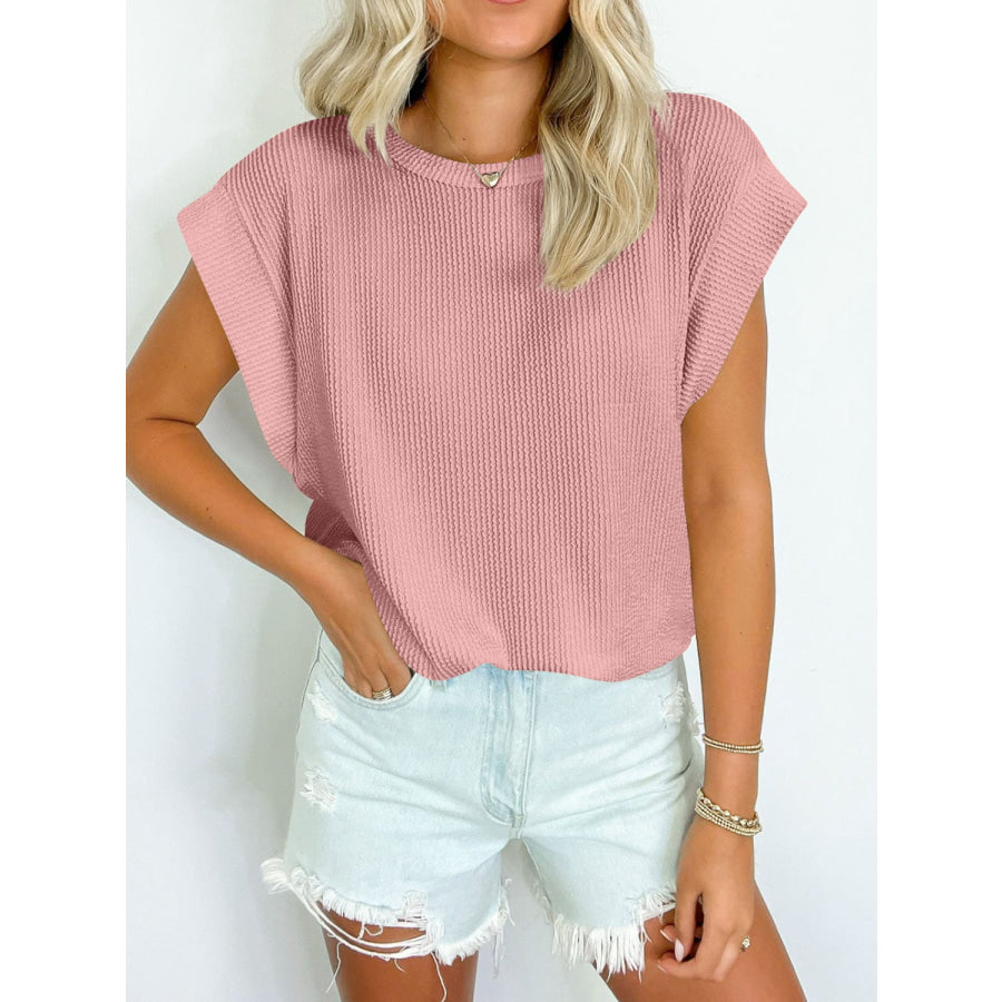 Textured Round Neck Cap Sleeve Blouse Apparel and Accessories