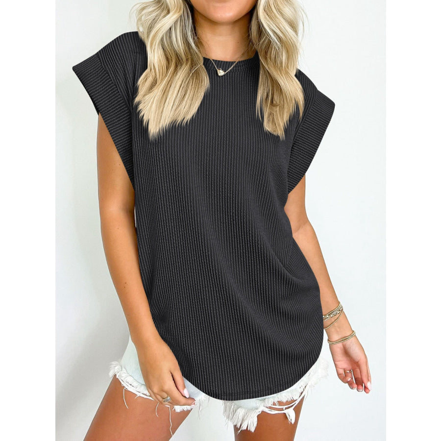 Textured Round Neck Cap Sleeve Blouse Apparel and Accessories