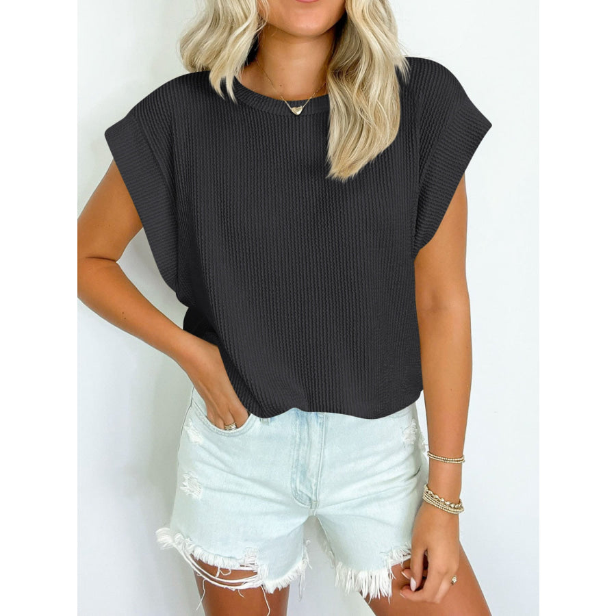 Textured Round Neck Cap Sleeve Blouse Apparel and Accessories