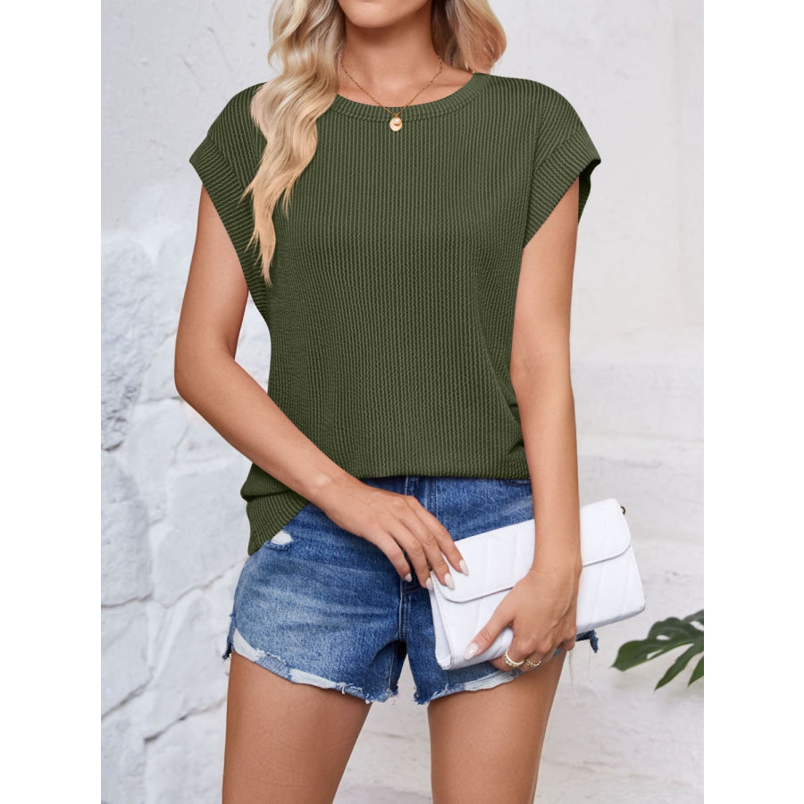 Textured Round Neck Cap Sleeve Blouse Apparel and Accessories