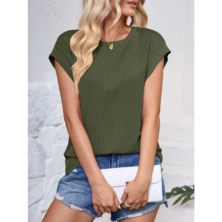 Textured Round Neck Cap Sleeve Blouse Apparel and Accessories