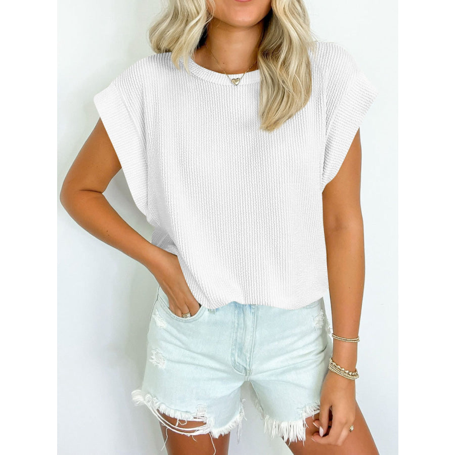 Textured Round Neck Cap Sleeve Blouse Apparel and Accessories