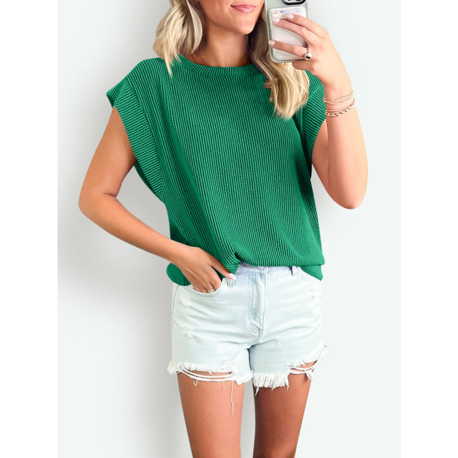 Textured Round Neck Cap Sleeve Blouse Apparel and Accessories