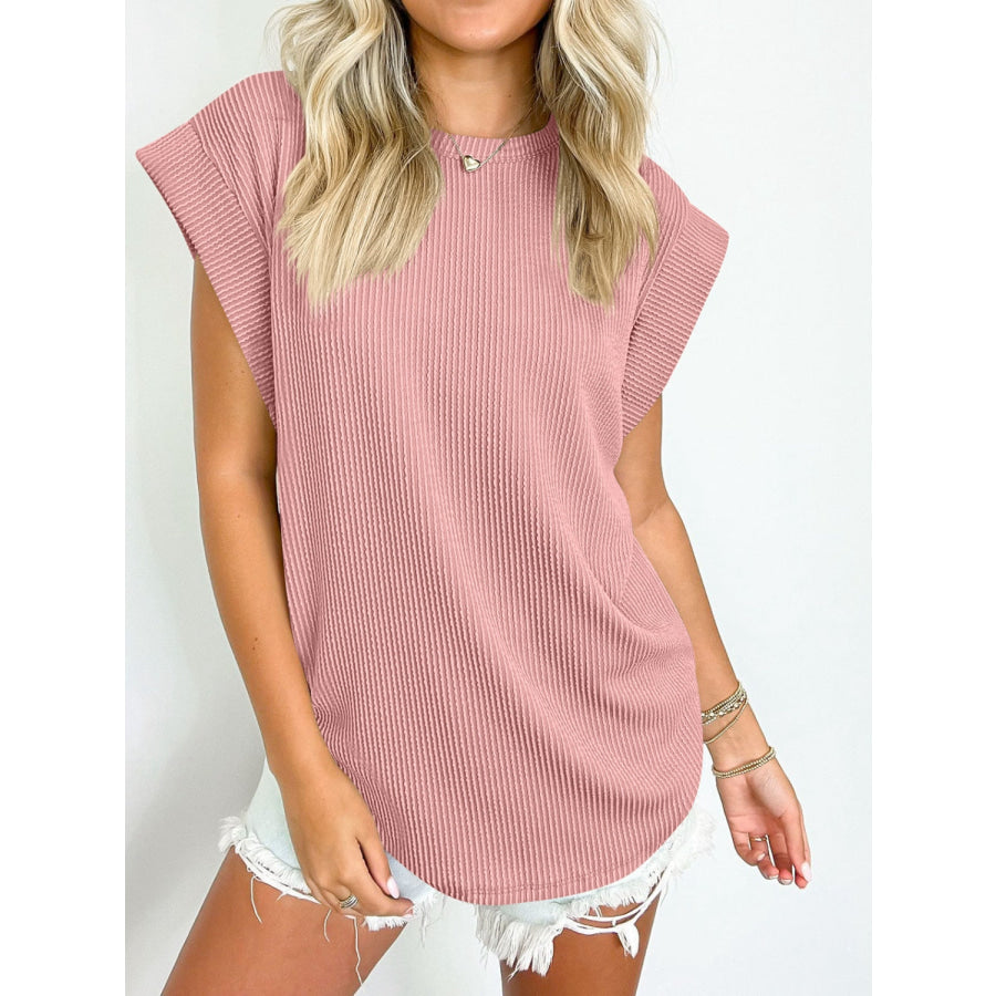 Textured Round Neck Cap Sleeve Blouse Apparel and Accessories