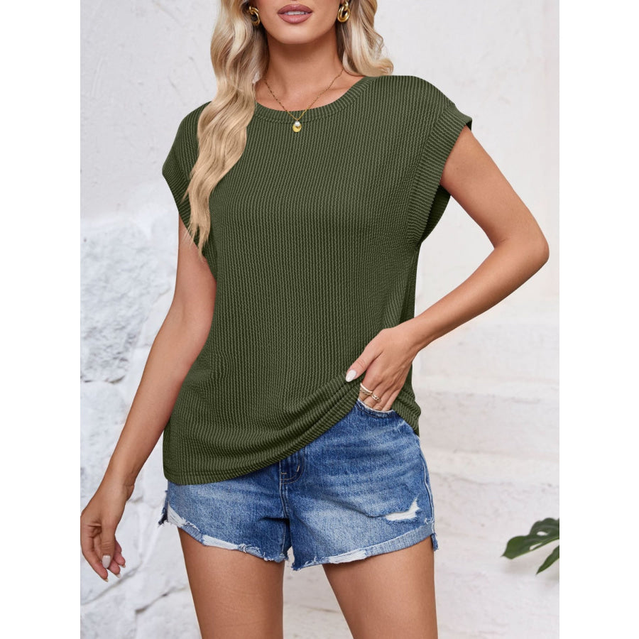 Textured Round Neck Cap Sleeve Blouse Army Green / S Apparel and Accessories