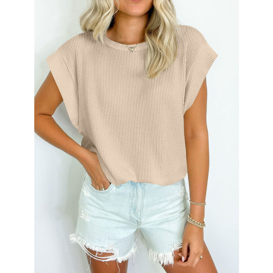 Textured Round Neck Cap Sleeve Blouse Beige / S Apparel and Accessories