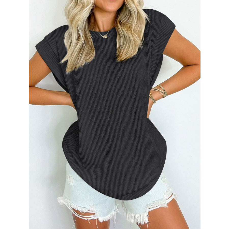 Textured Round Neck Cap Sleeve Blouse Black / S Apparel and Accessories