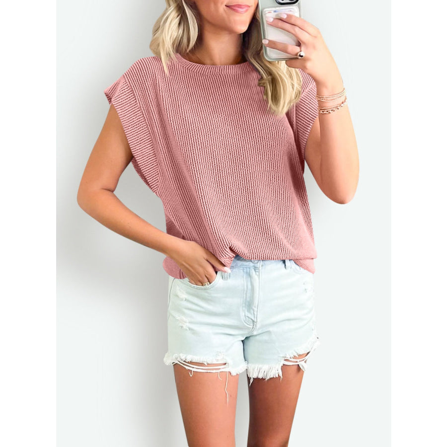 Textured Round Neck Cap Sleeve Blouse Blush Pink / S Apparel and Accessories