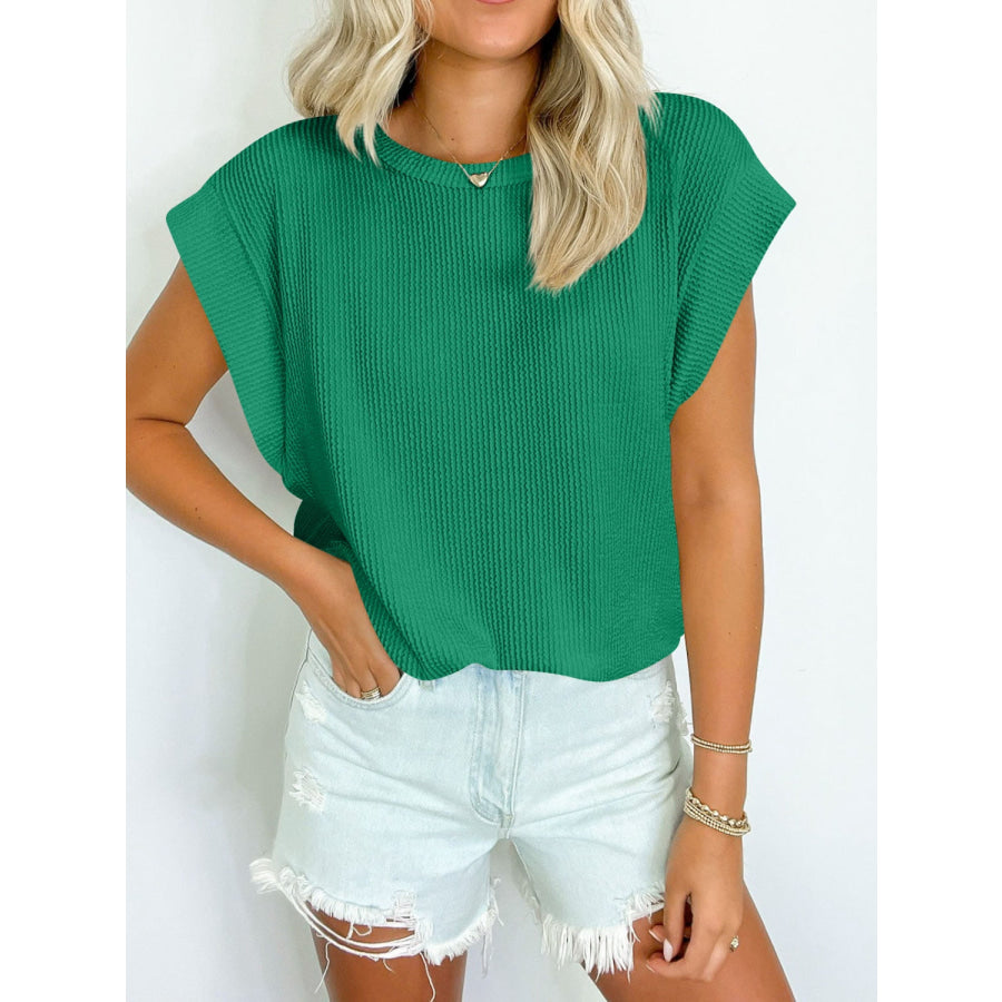 Textured Round Neck Cap Sleeve Blouse Green / S Apparel and Accessories