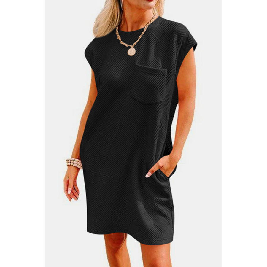 Textured Round Neck Cap Sleeve Dress Black / S Apparel and Accessories