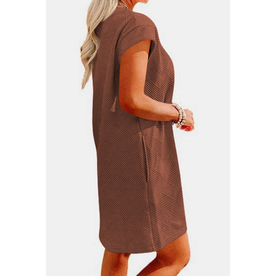 Textured Round Neck Cap Sleeve Dress Chestnut / S Apparel and Accessories