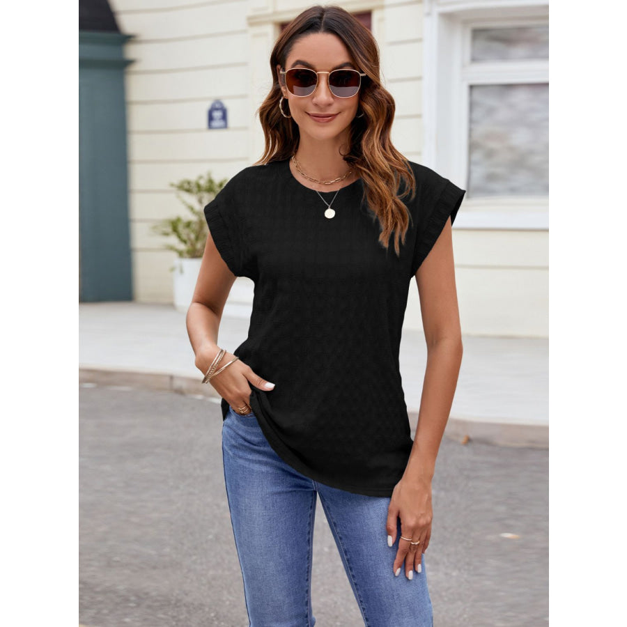 Textured Round Neck Cap Sleeve T-Shirt Apparel and Accessories