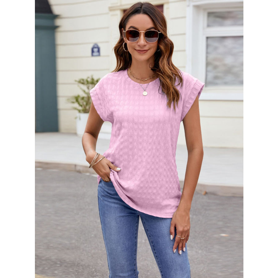 Textured Round Neck Cap Sleeve T-Shirt Apparel and Accessories