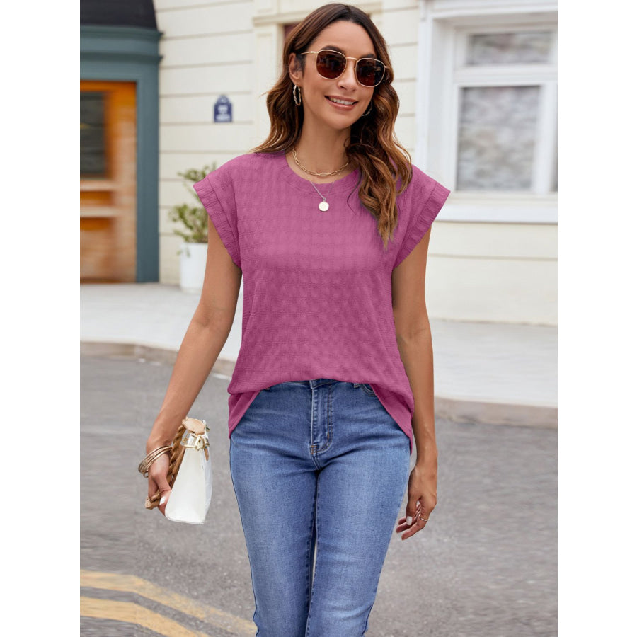 Textured Round Neck Cap Sleeve T-Shirt Fuchsia / S Apparel and Accessories