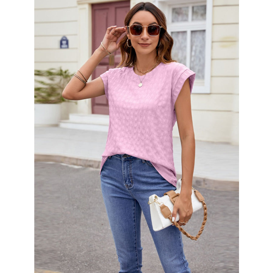 Textured Round Neck Cap Sleeve T-Shirt Pink / S Apparel and Accessories