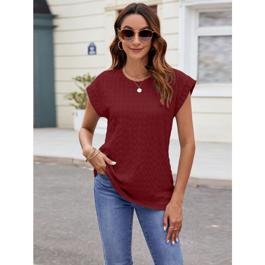 Textured Round Neck Cap Sleeve T-Shirt Wine / S Apparel and Accessories