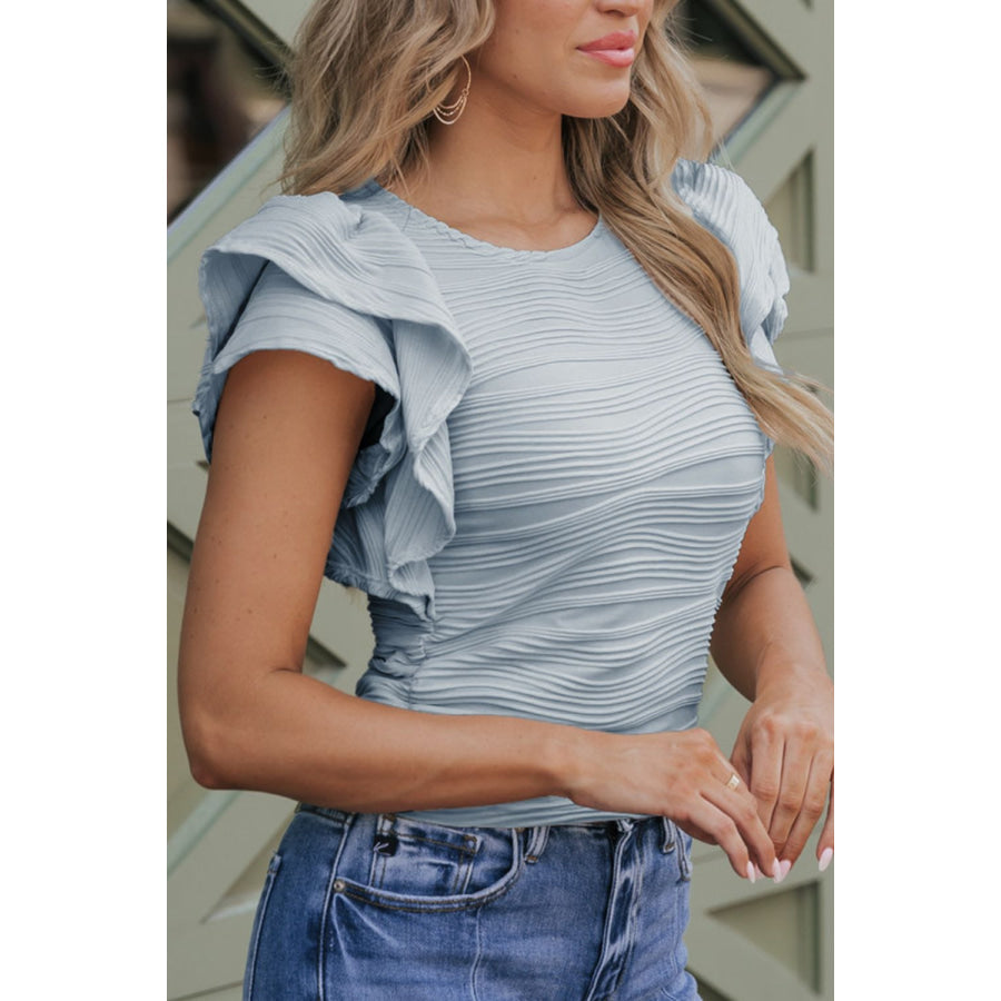 Textured Round Neck Cap Sleeve Top Apparel and Accessories