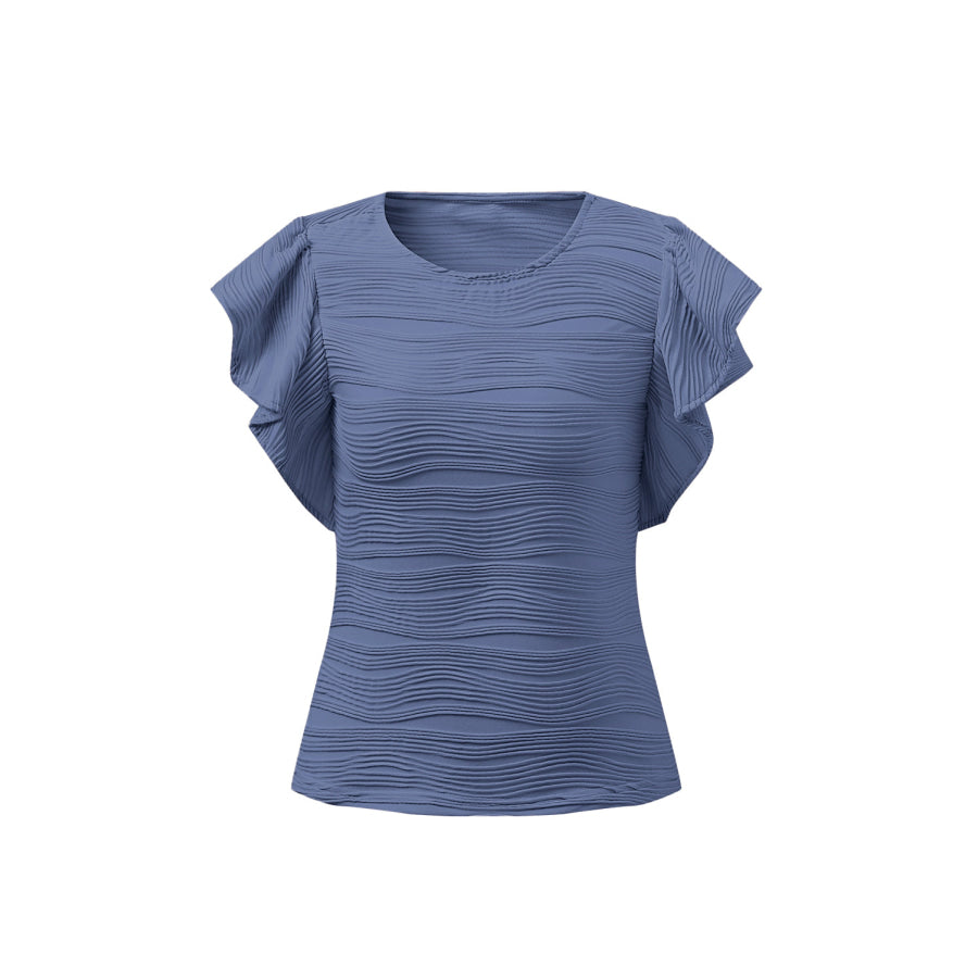 Textured Round Neck Cap Sleeve Top Dusty Blue / S Apparel and Accessories