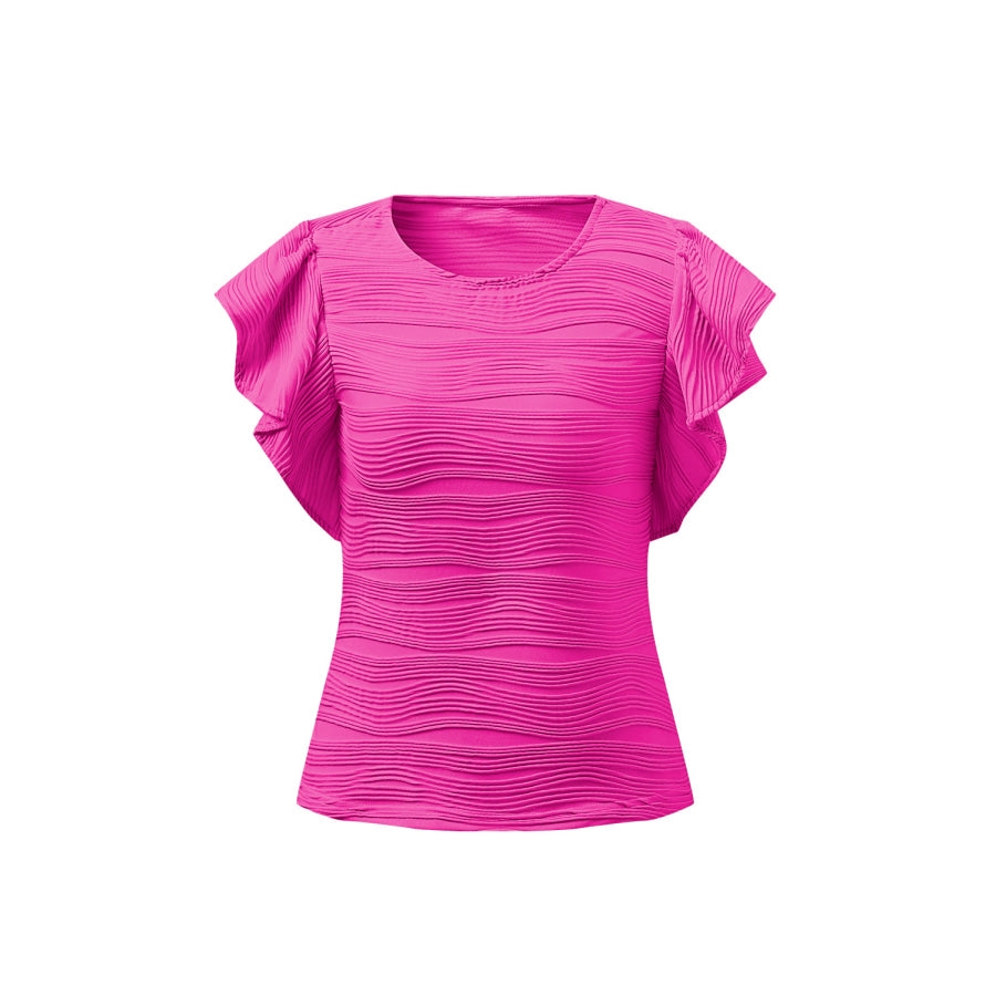 Textured Round Neck Cap Sleeve Top Hot Pink / S Apparel and Accessories