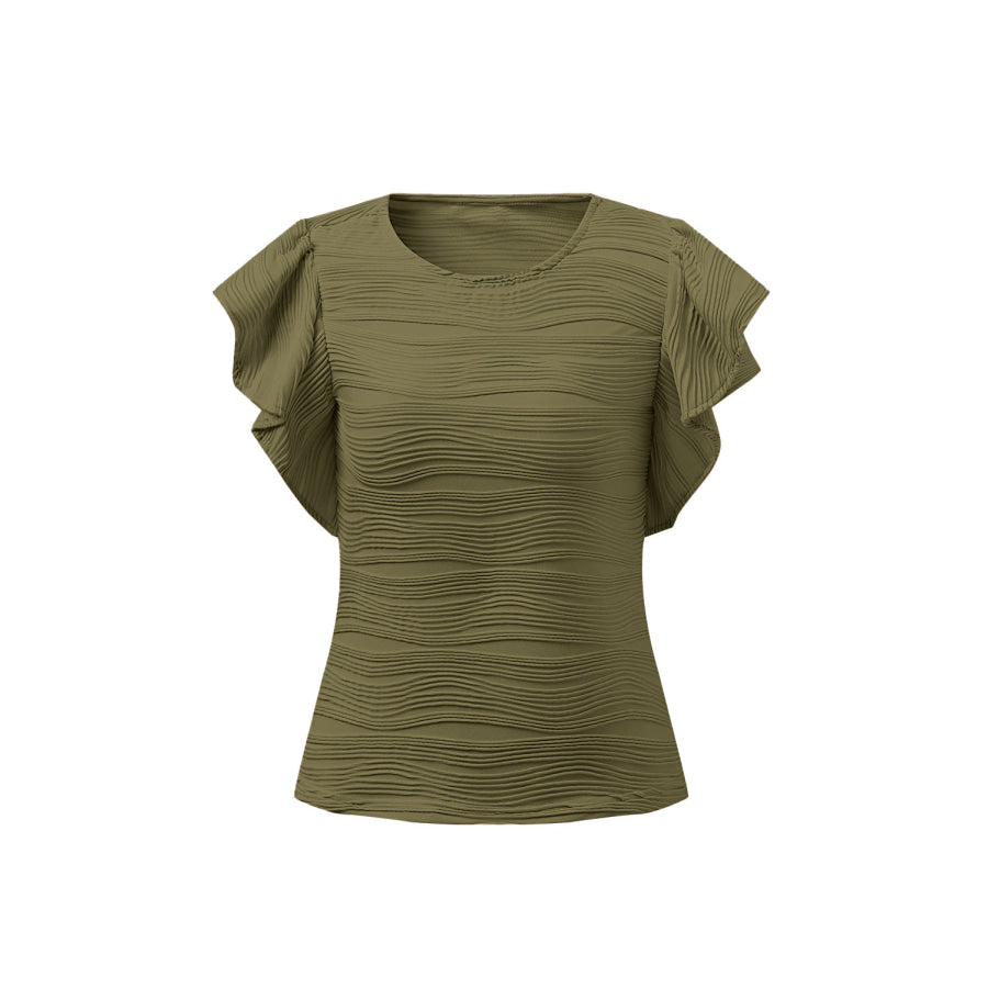 Textured Round Neck Cap Sleeve Top Moss / S Apparel and Accessories