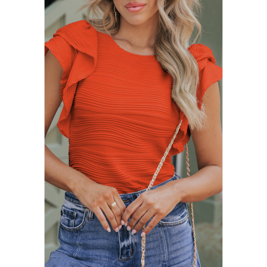 Textured Round Neck Cap Sleeve Top Orange / S Apparel and Accessories