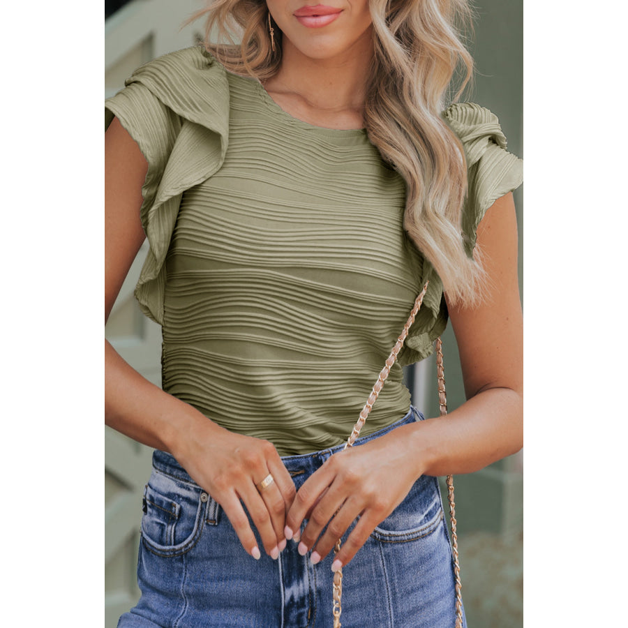 Textured Round Neck Cap Sleeve Top Sage / S Apparel and Accessories