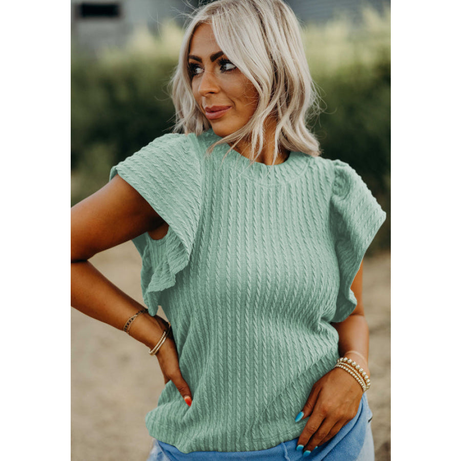 Textured Round Neck Flounce Sleeve Blouse Apparel and Accessories