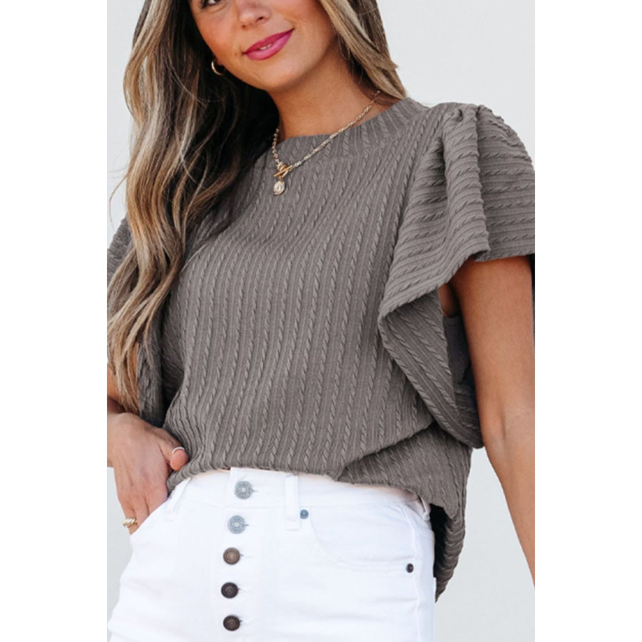 Textured Round Neck Flounce Sleeve Blouse Apparel and Accessories