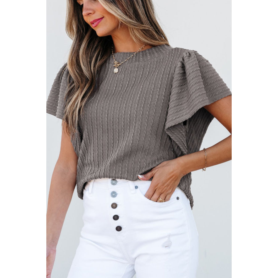 Textured Round Neck Flounce Sleeve Blouse Apparel and Accessories