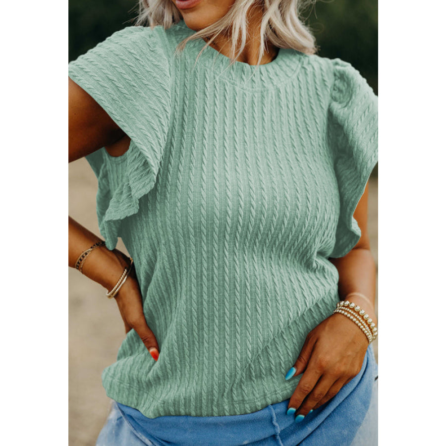 Textured Round Neck Flounce Sleeve Blouse Apparel and Accessories