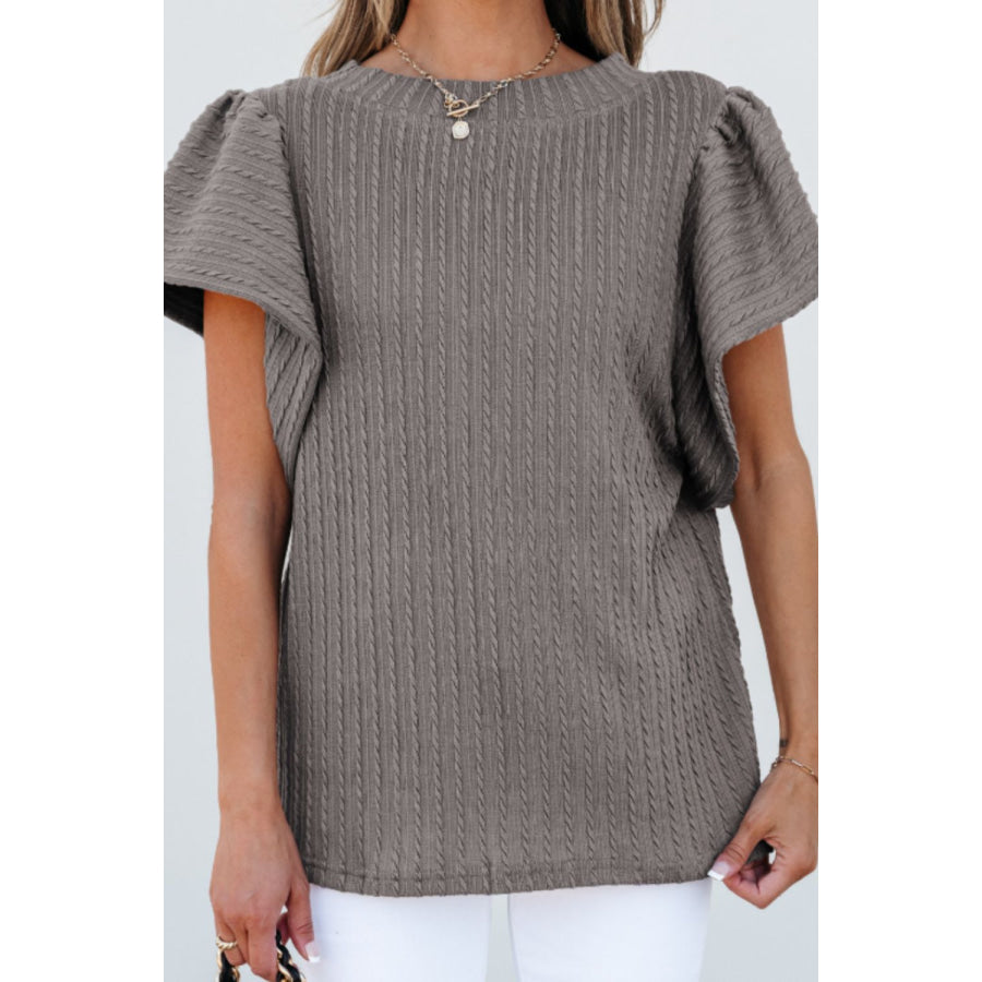 Textured Round Neck Flounce Sleeve Blouse Apparel and Accessories