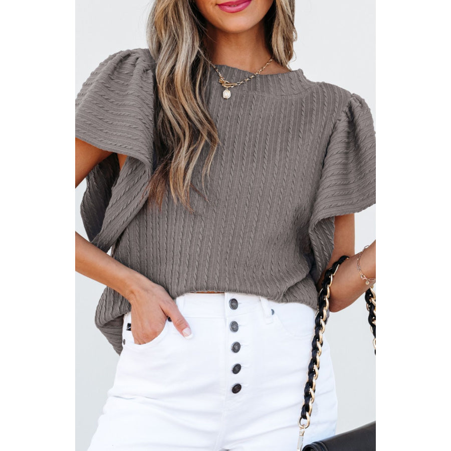 Textured Round Neck Flounce Sleeve Blouse Gray / S Apparel and Accessories