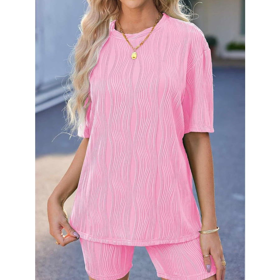 Textured Round Neck Half Sleeve Top and Shorts Set Apparel and Accessories