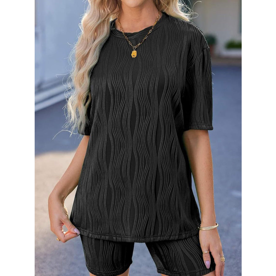 Textured Round Neck Half Sleeve Top and Shorts Set Black / S Apparel and Accessories