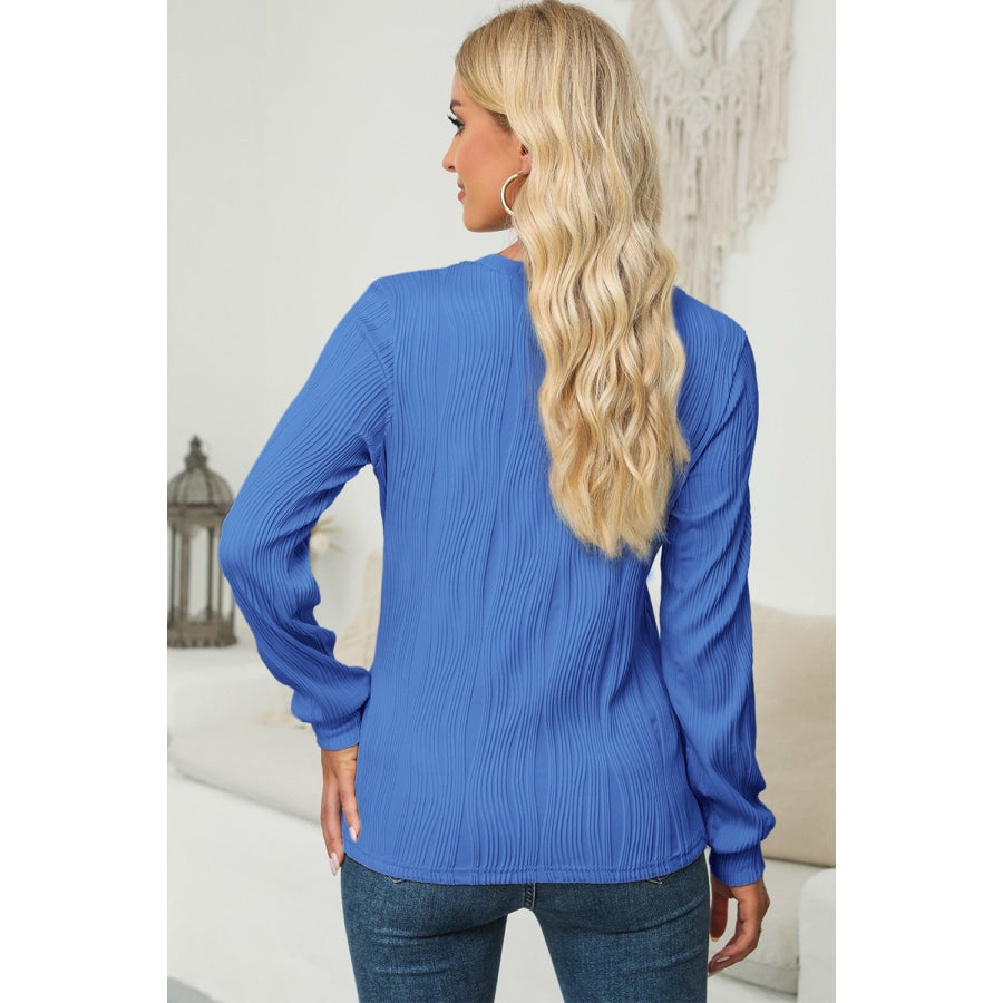 Textured Round Neck Long Sleeve Blouse Apparel and Accessories