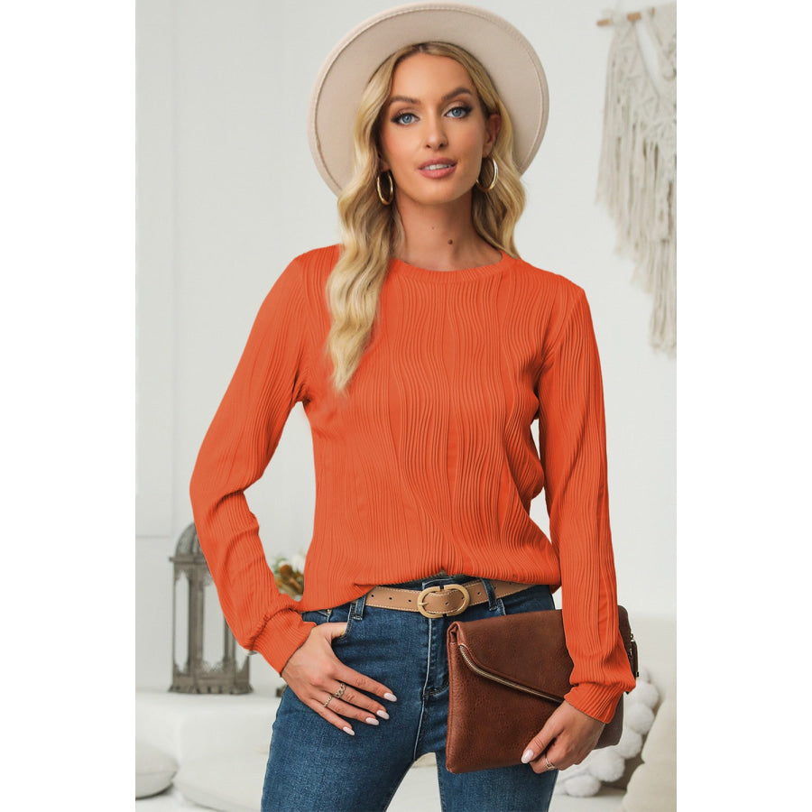 Textured Round Neck Long Sleeve Blouse Apparel and Accessories