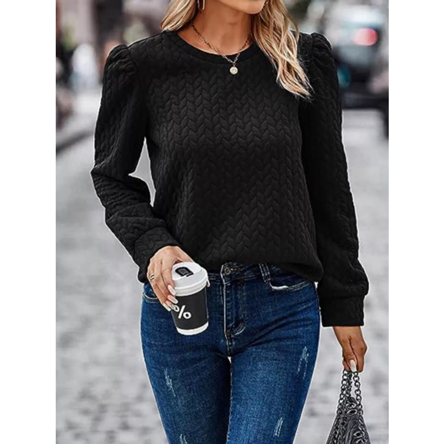 Textured Round Neck Long Sleeve Blouse Apparel and Accessories