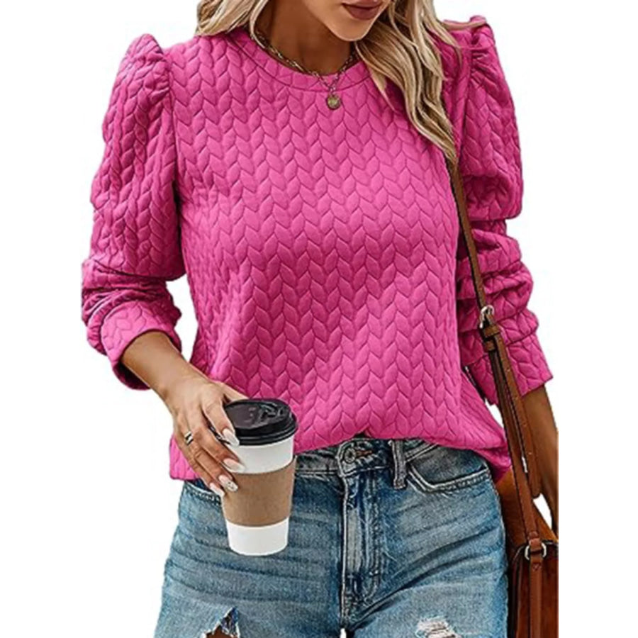 Textured Round Neck Long Sleeve Blouse Apparel and Accessories