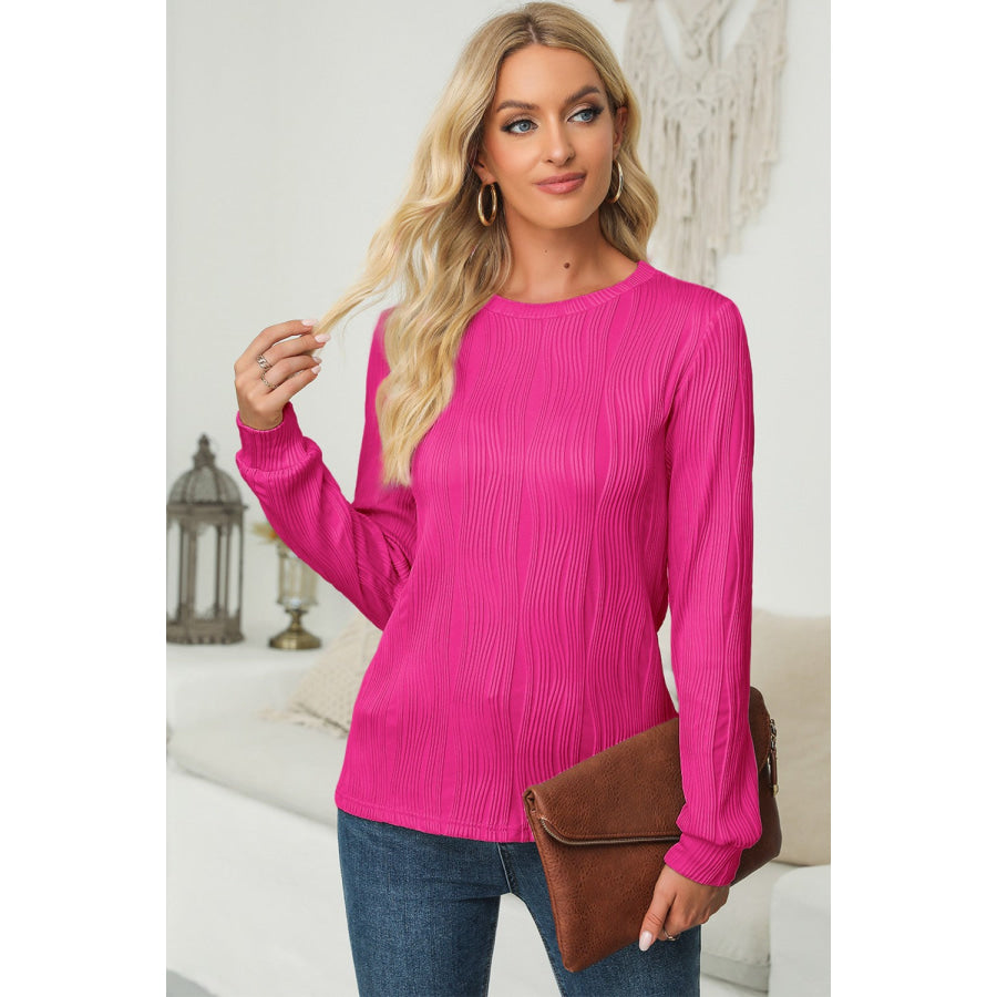 Textured Round Neck Long Sleeve Blouse Apparel and Accessories