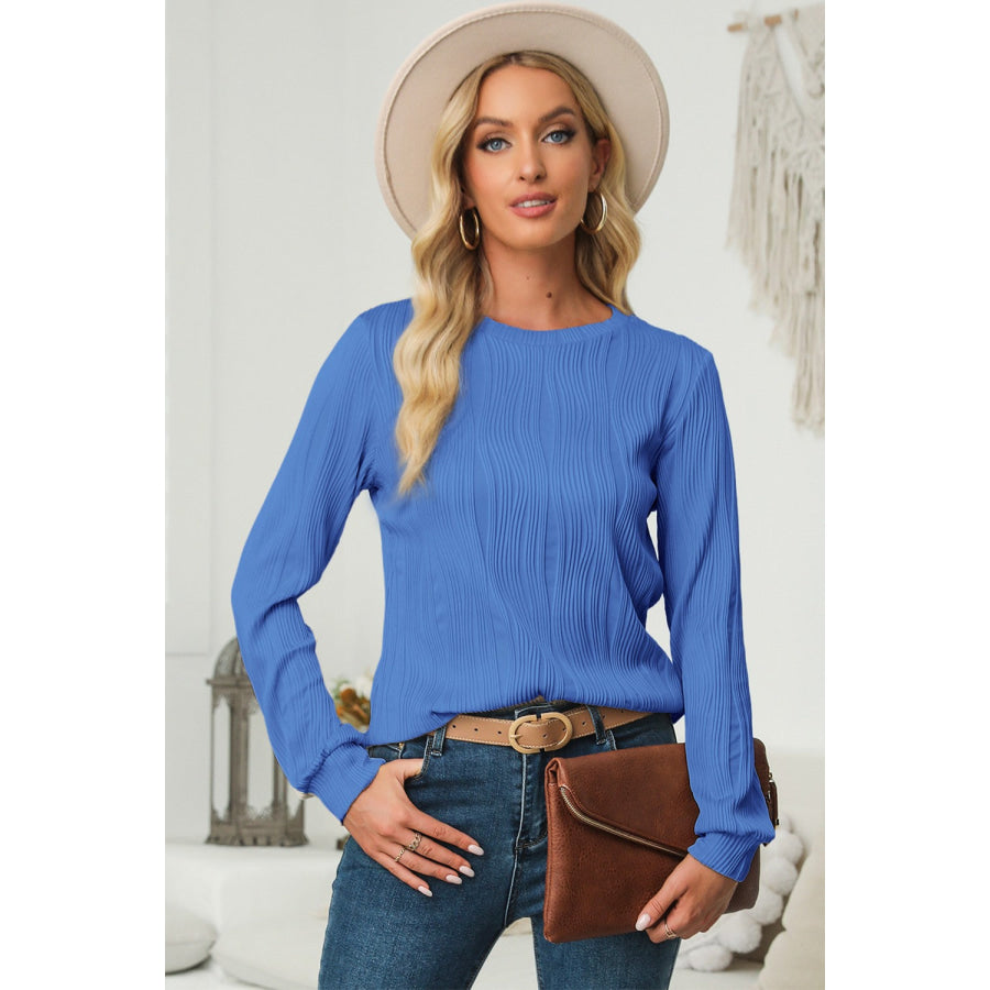 Textured Round Neck Long Sleeve Blouse Apparel and Accessories