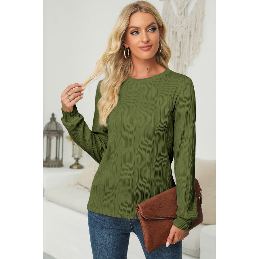 Textured Round Neck Long Sleeve Blouse Apparel and Accessories