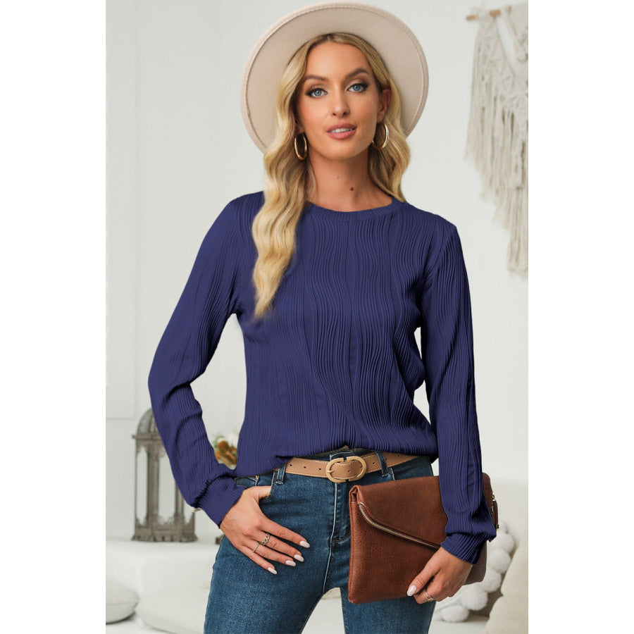 Textured Round Neck Long Sleeve Blouse Apparel and Accessories