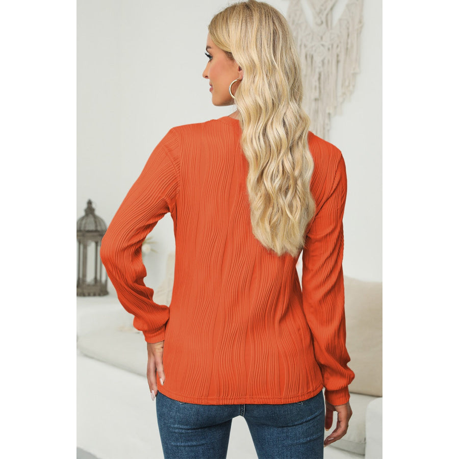 Textured Round Neck Long Sleeve Blouse Apparel and Accessories