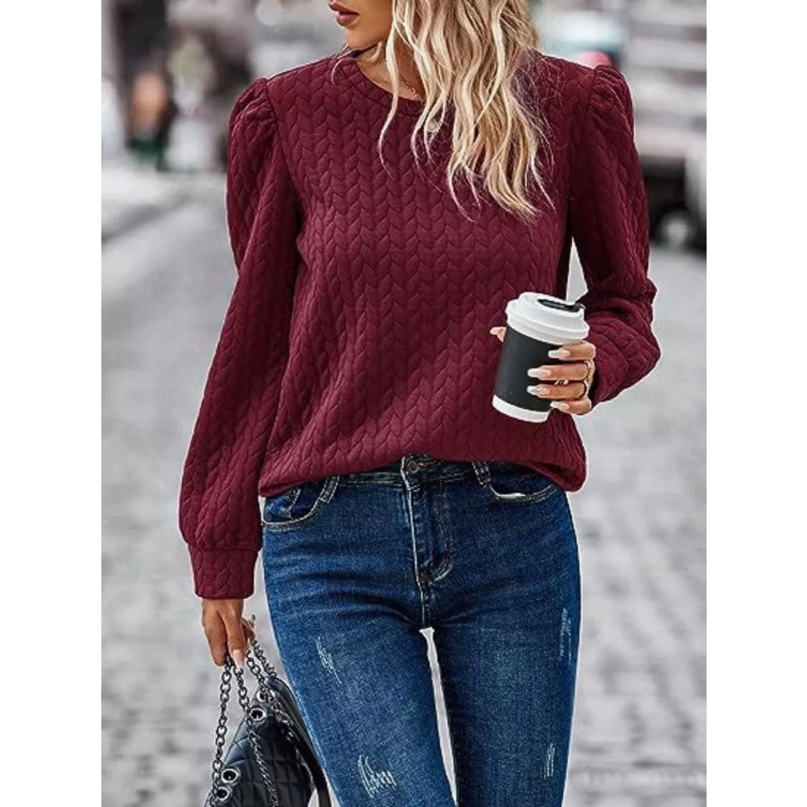 Textured Round Neck Long Sleeve Blouse Apparel and Accessories